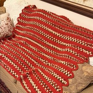 Handcrafted Red and Cream Crochet Throw Blanket/ Afghan